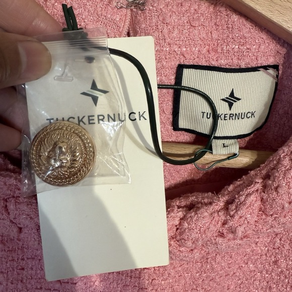 Tuckernuck Pink Tweed Short Sleeve Braided Neck Jackie Shift Dress Sz L $298 - Picture 2 of 13